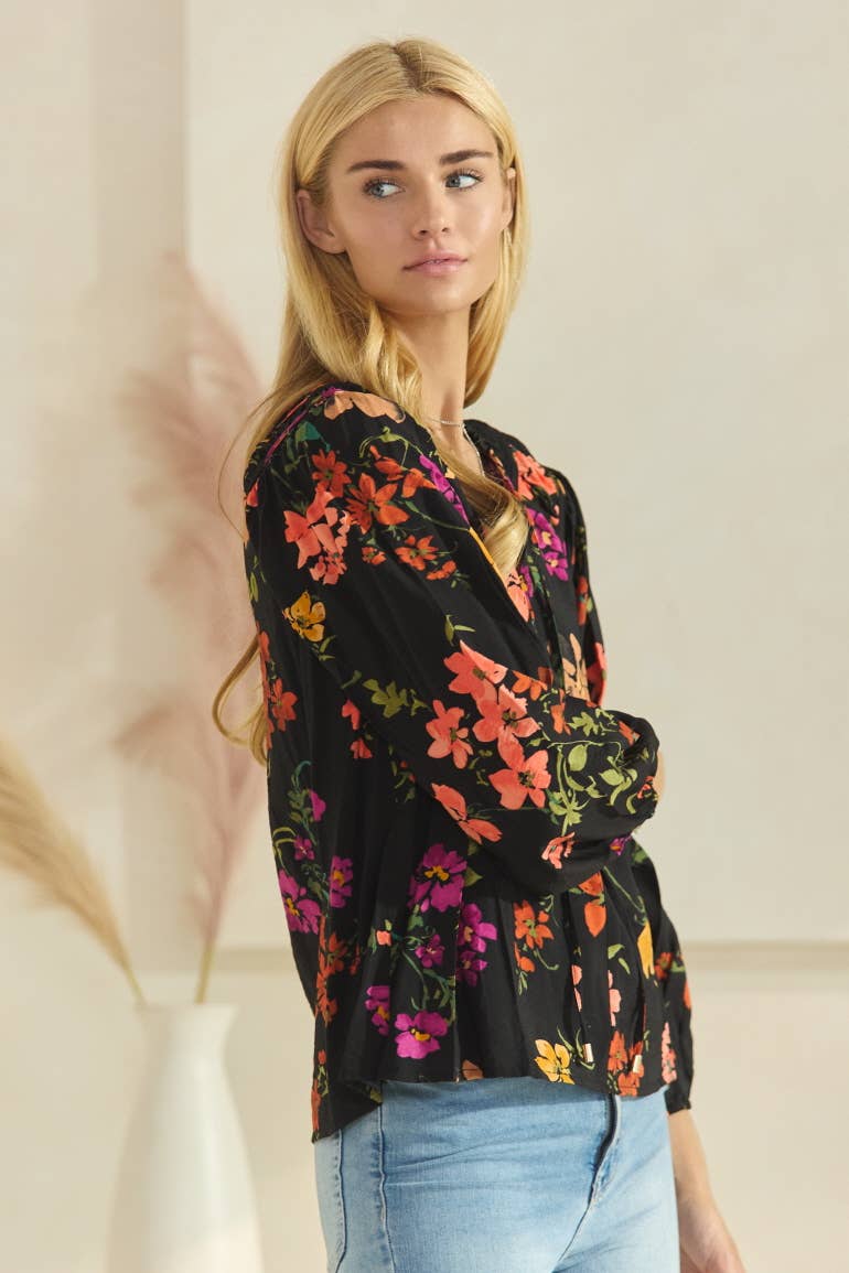 Floral Printed Long Sleeve Blouse: Black Multi