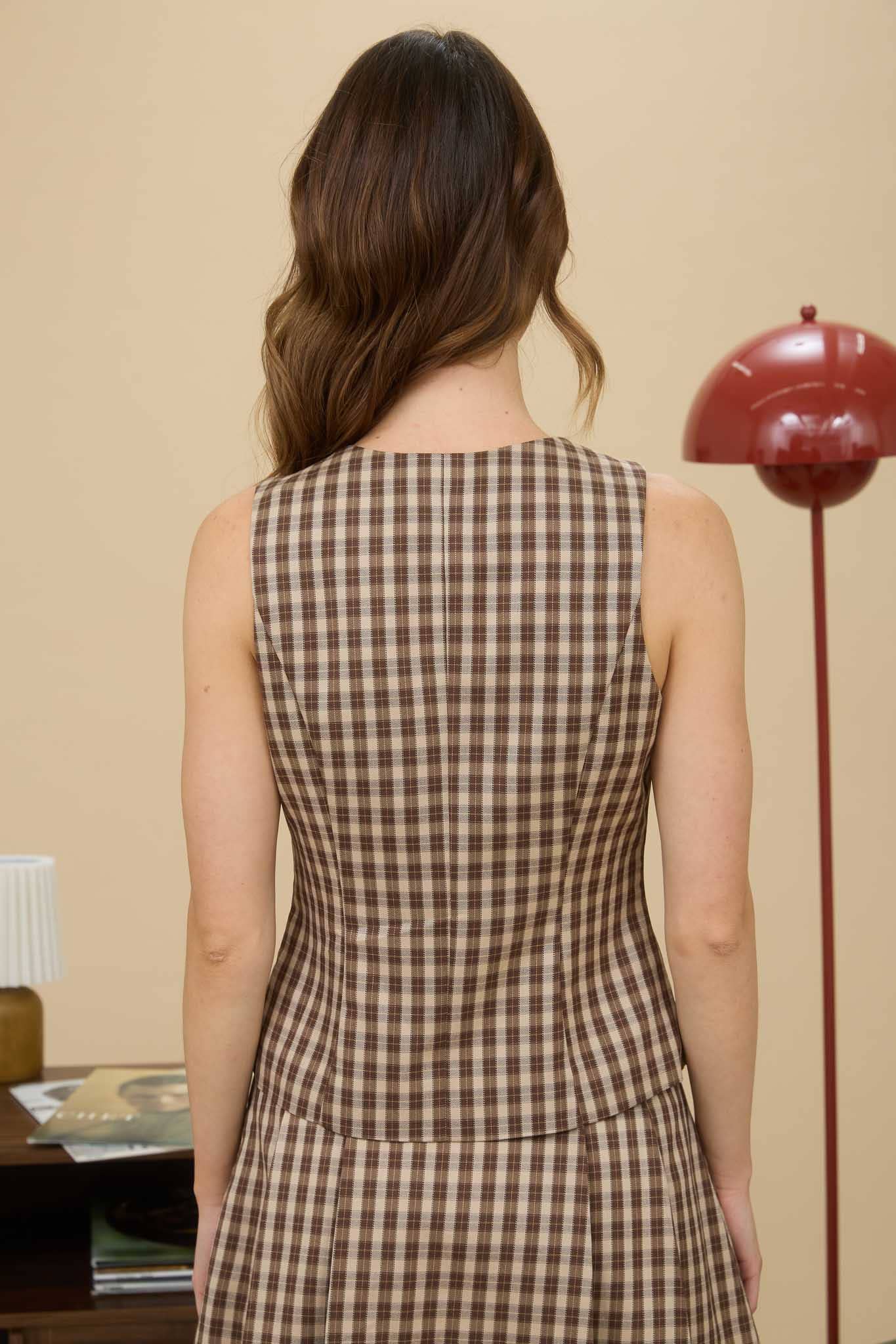 Harper Plaid Button Down Vest Top: Khaki