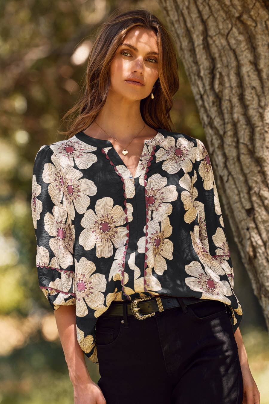 Flora Floral Printed 3/4 Sleeve Blouse: Charcoal Multi