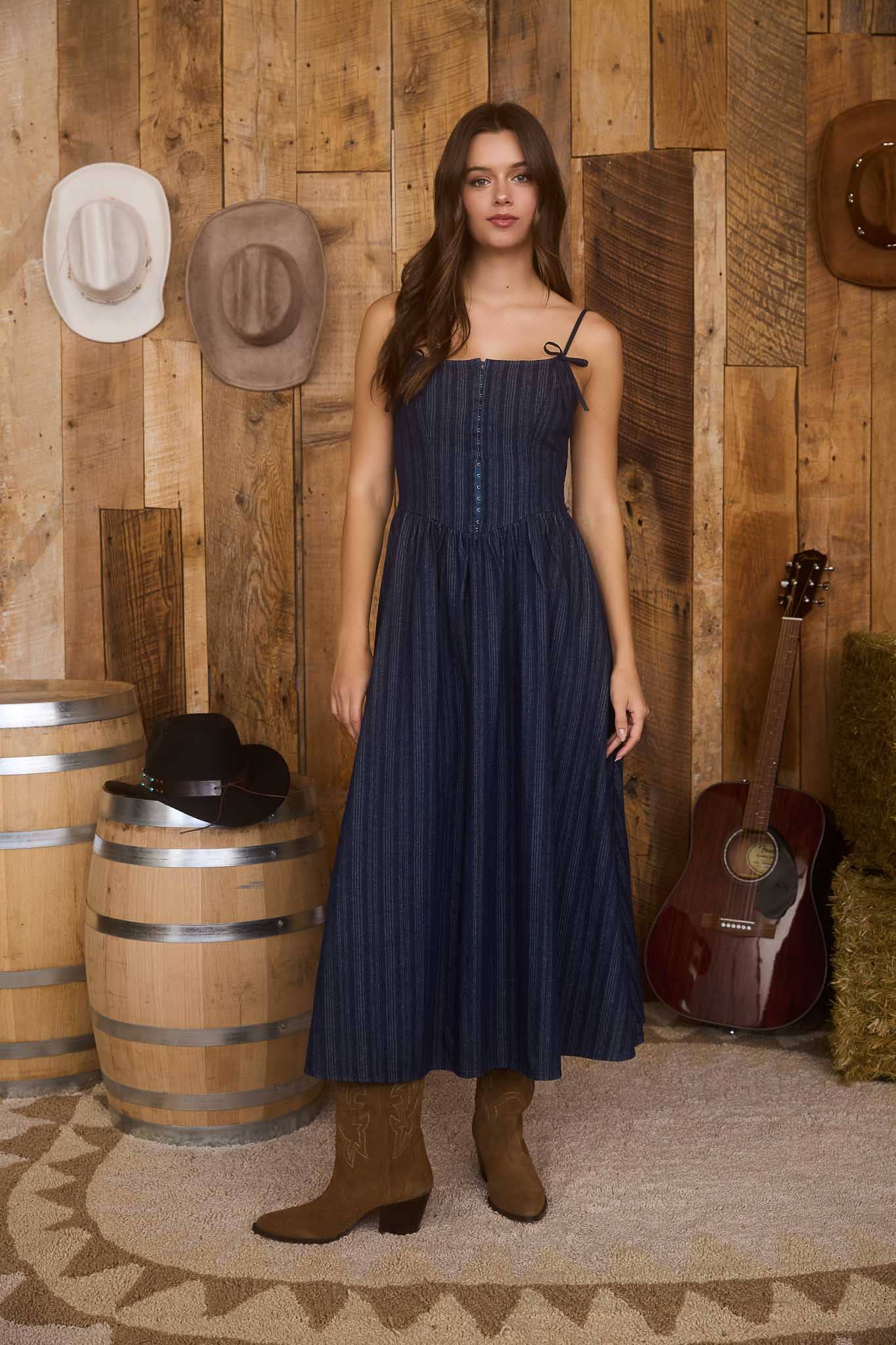 Ali Denim Stripe Front Hook Corset Midi Dress