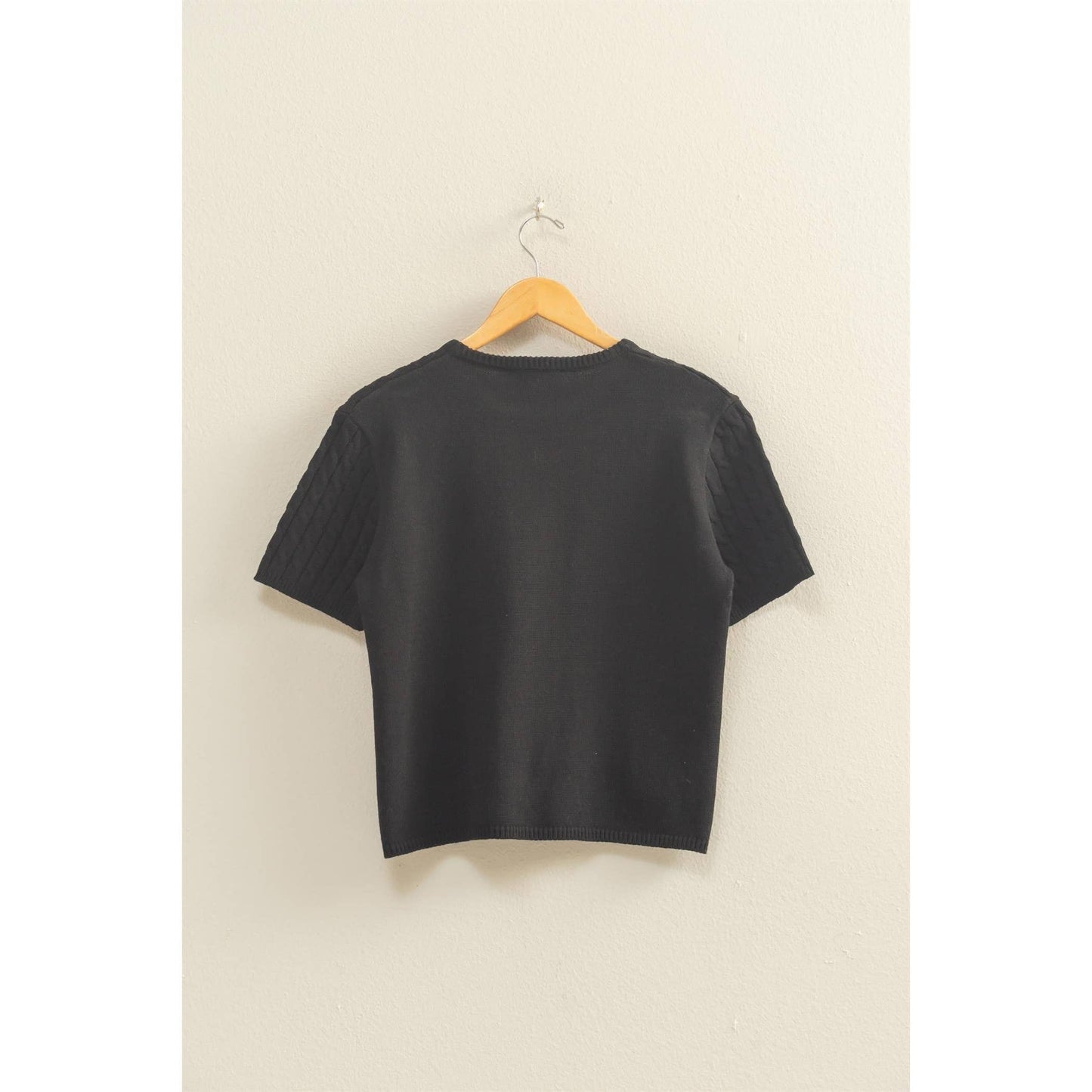 Atelier Cable Knit Short Sleeve Sweater Top: BLACK