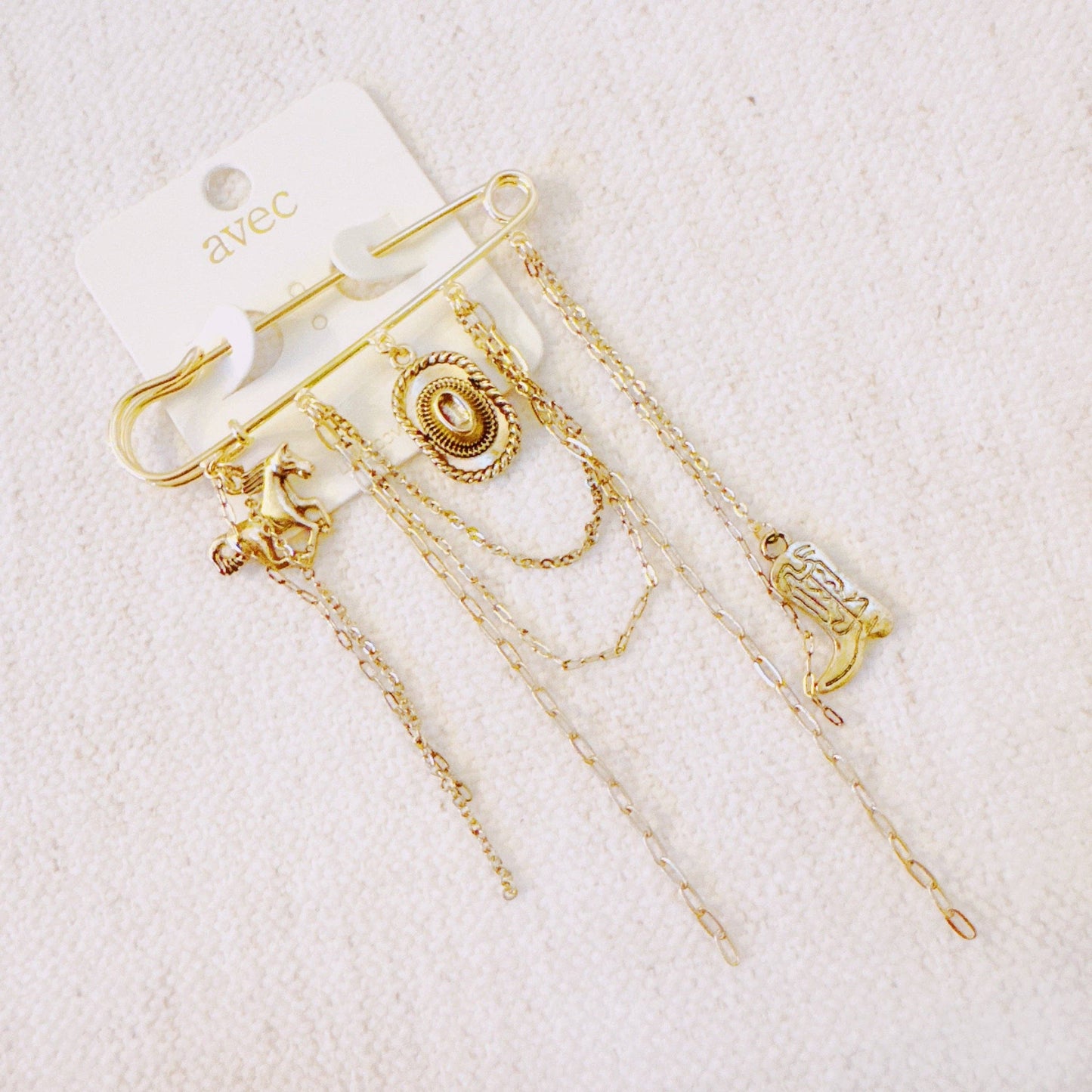 Western Charm Pin Brooch – Gold Safety Pin Style with Cowboy-Inspired Charms
