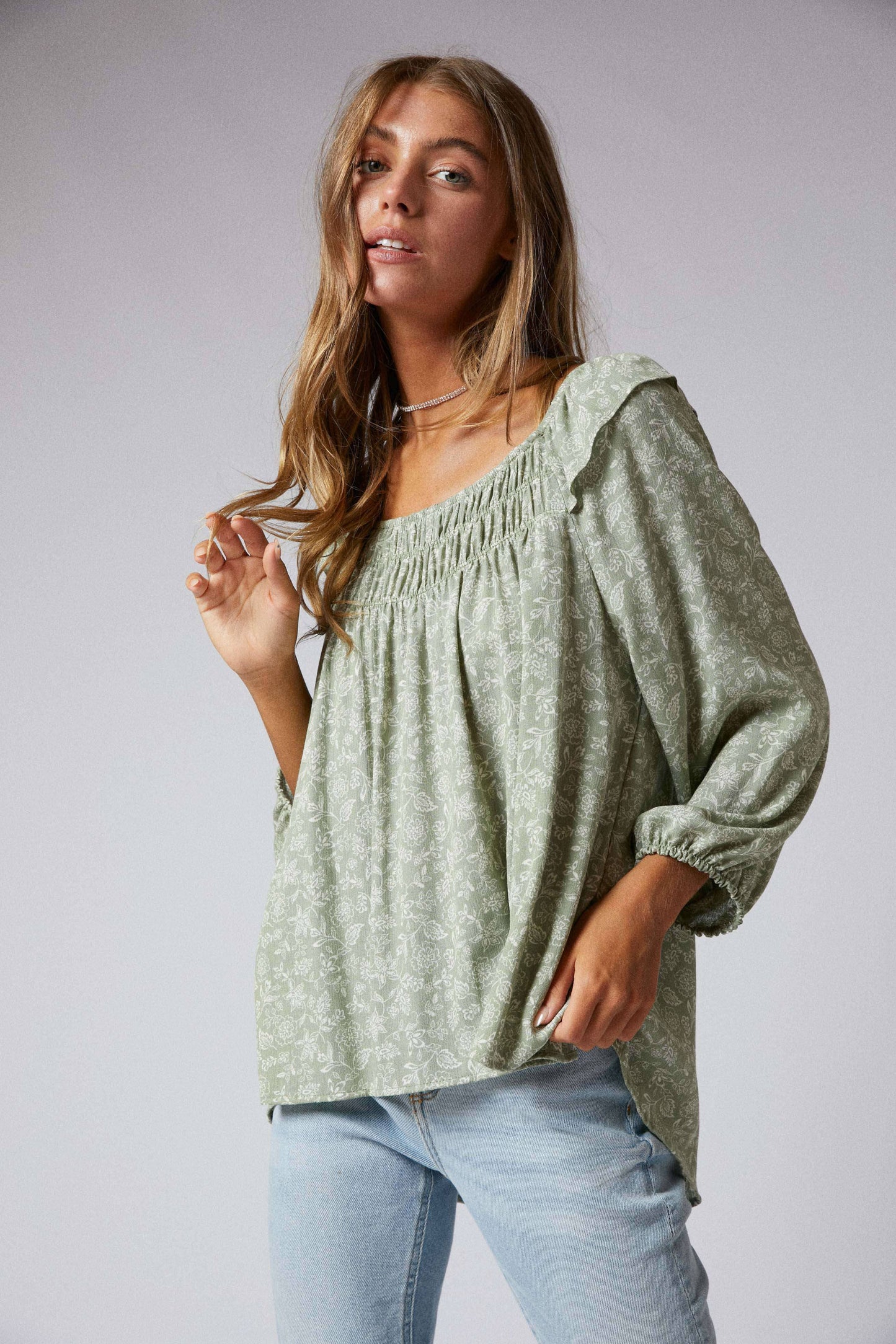 Sagebrush 3/4 Sleeves Ruffle Peasant Hi Low Top