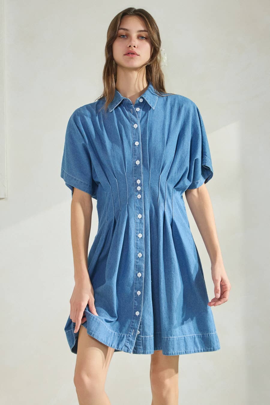Washed Denim Short Sleeve Shirt Mini Dress : Washed Denim
