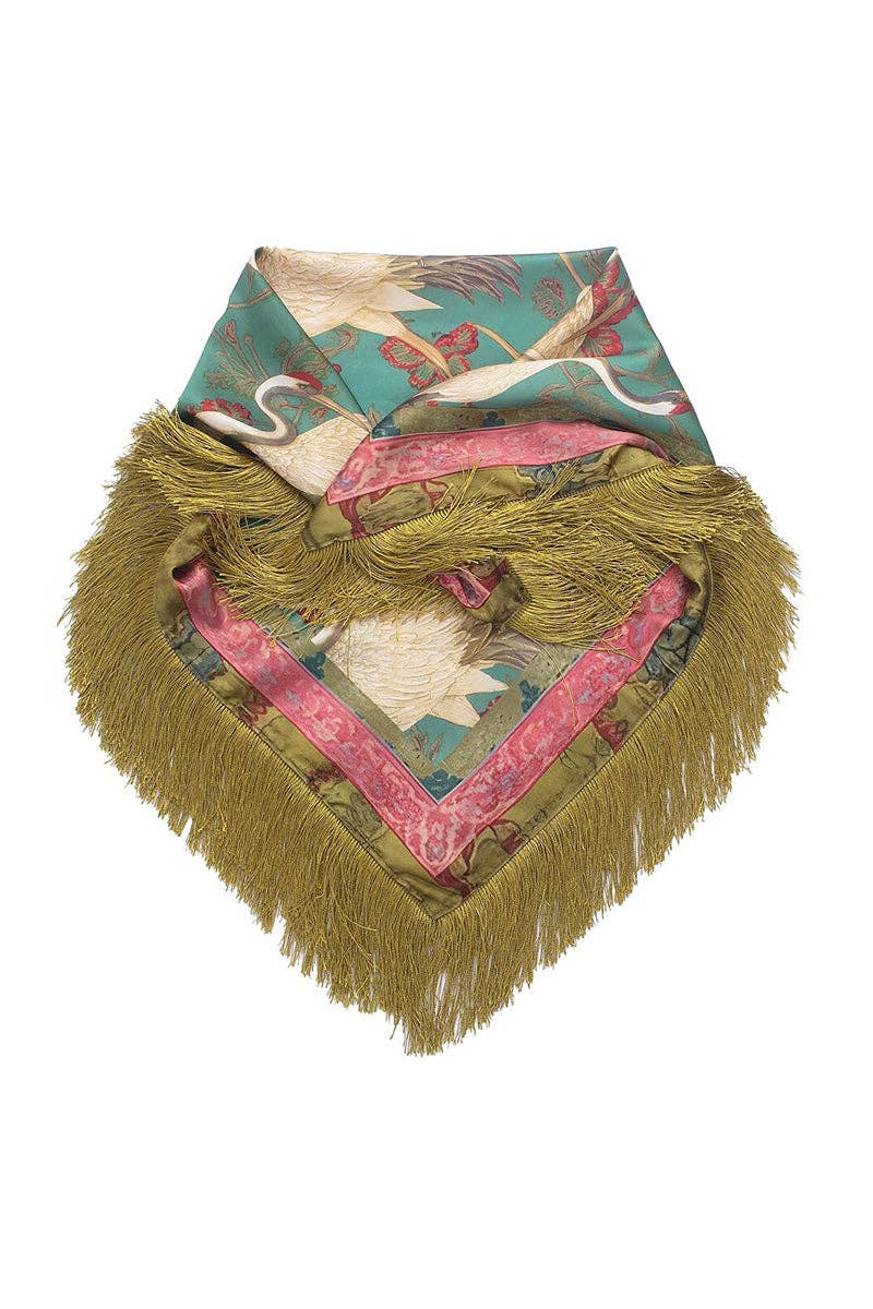 Fringed Crane Print Square Scarf: GREEN / One Size