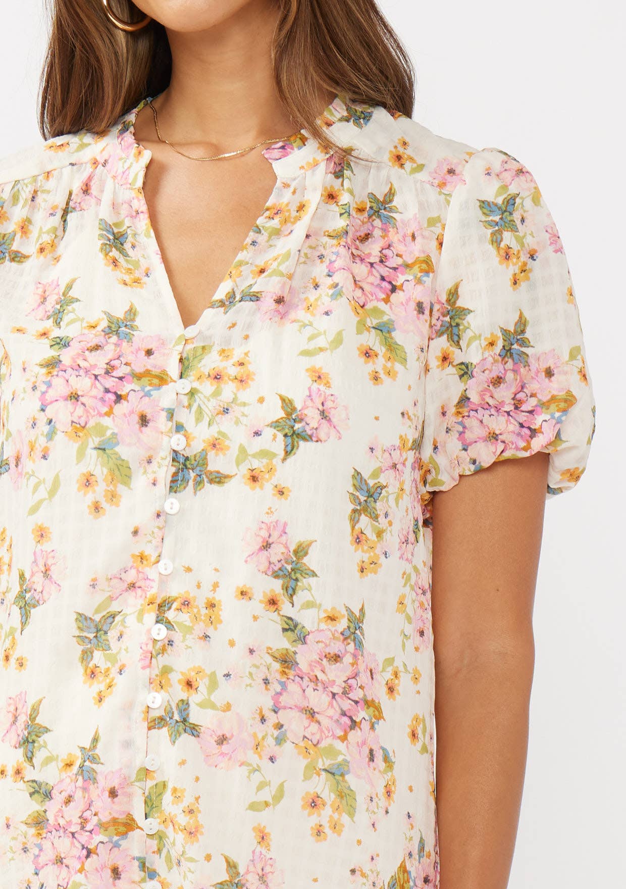 Petal Puff Sleeve Button-Down Top: Natural/Dusty Pink