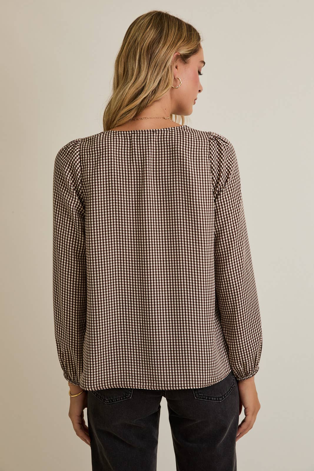 Maggie Square Neck Front Tie Long Sleeve Check Top: Brown Cream