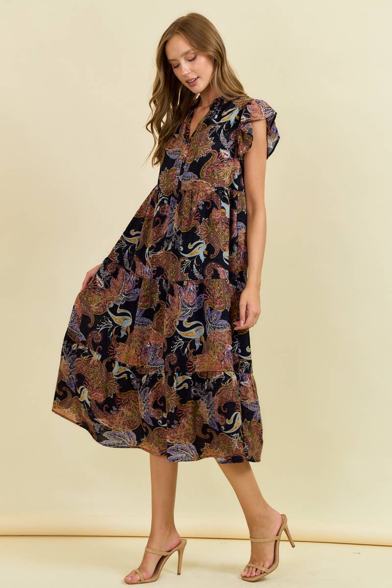 Phoenix Paisley Spit Neck Tiered Midi Dress: Black Spice