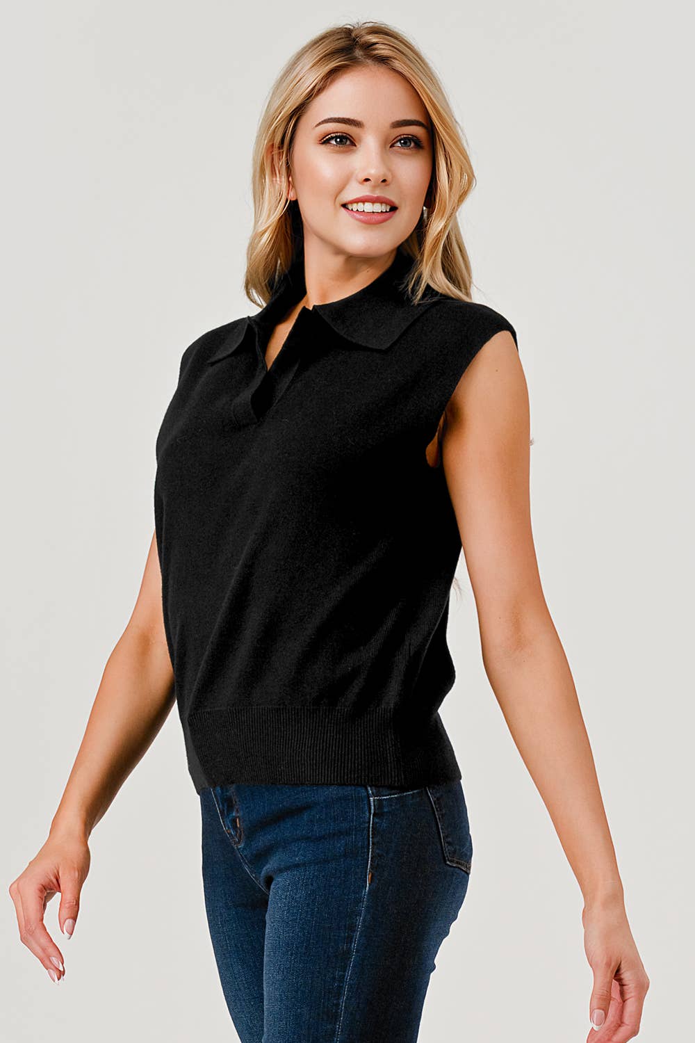 Elara Polo Collar Sweater Top: Black