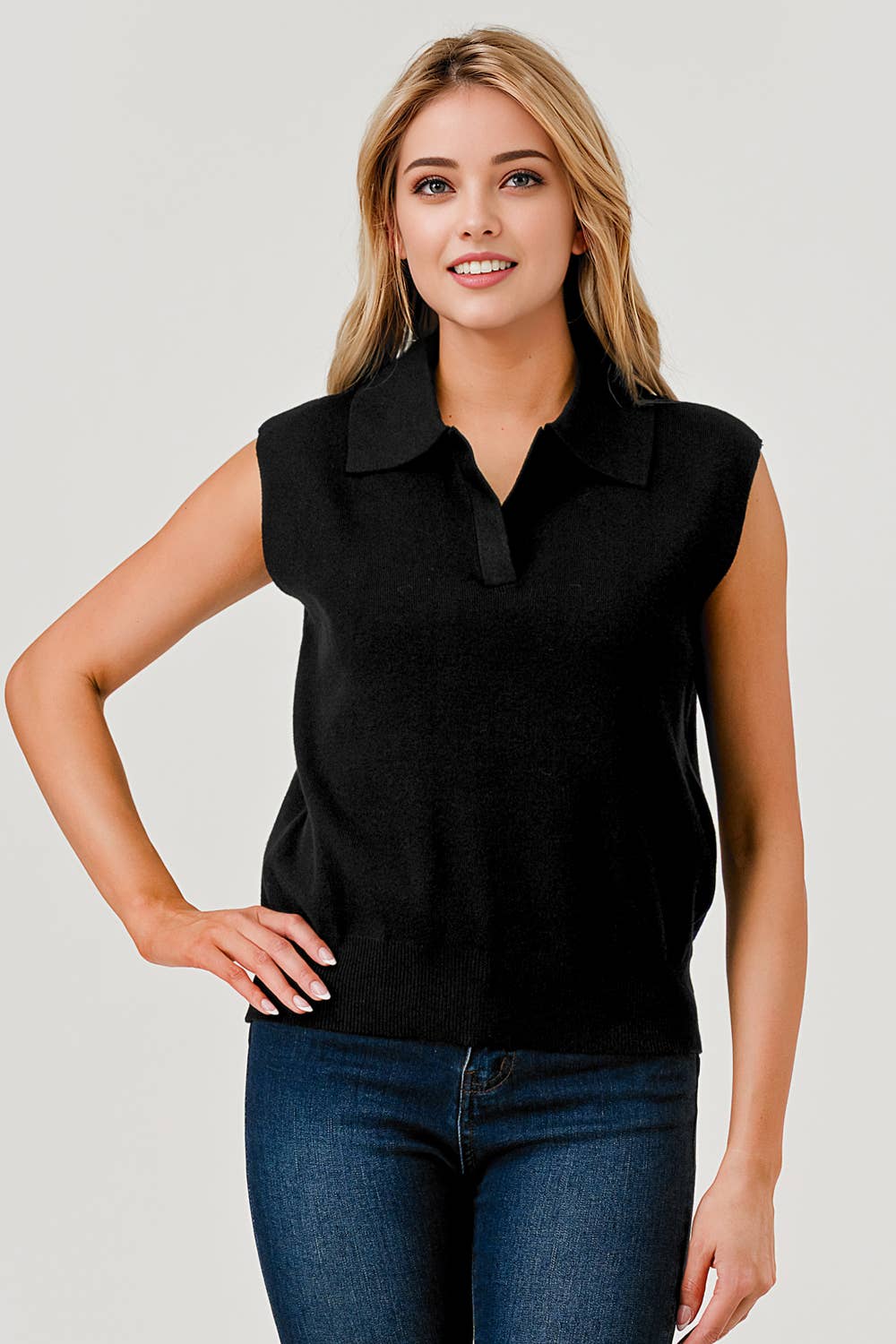 Elara Polo Collar Sweater Top: Black
