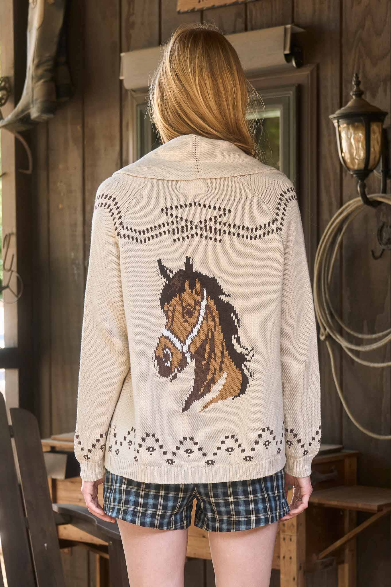 Wild Mane Horse Jacquard Shawl Knit Cardigan: Ivory