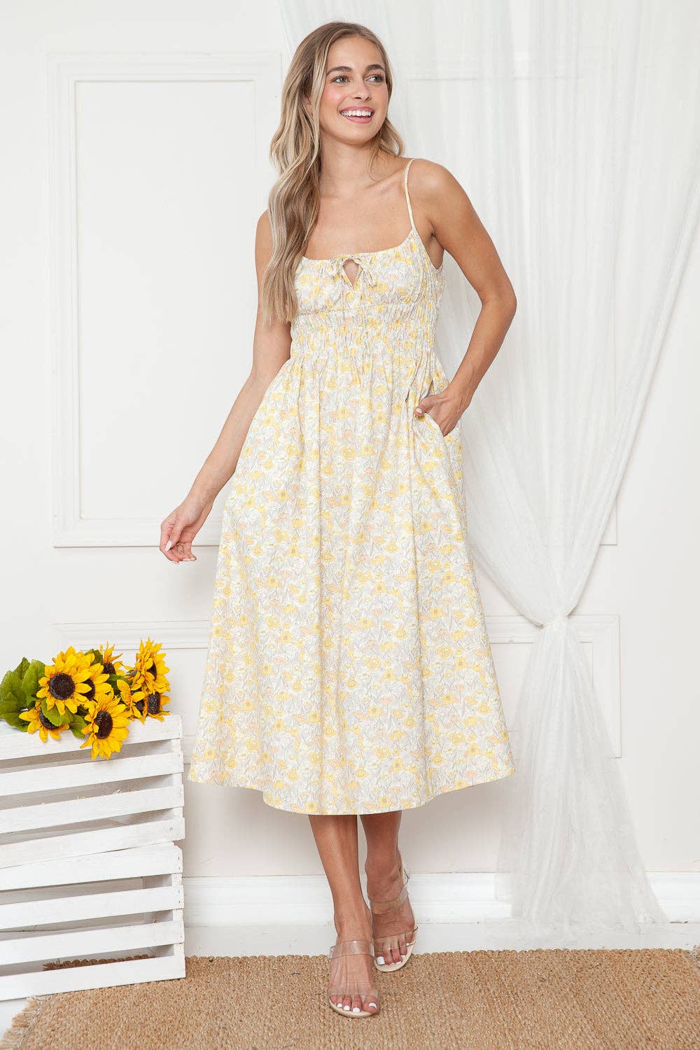 Yellow Poppies Print Olivia Sleeveless Midi Dress