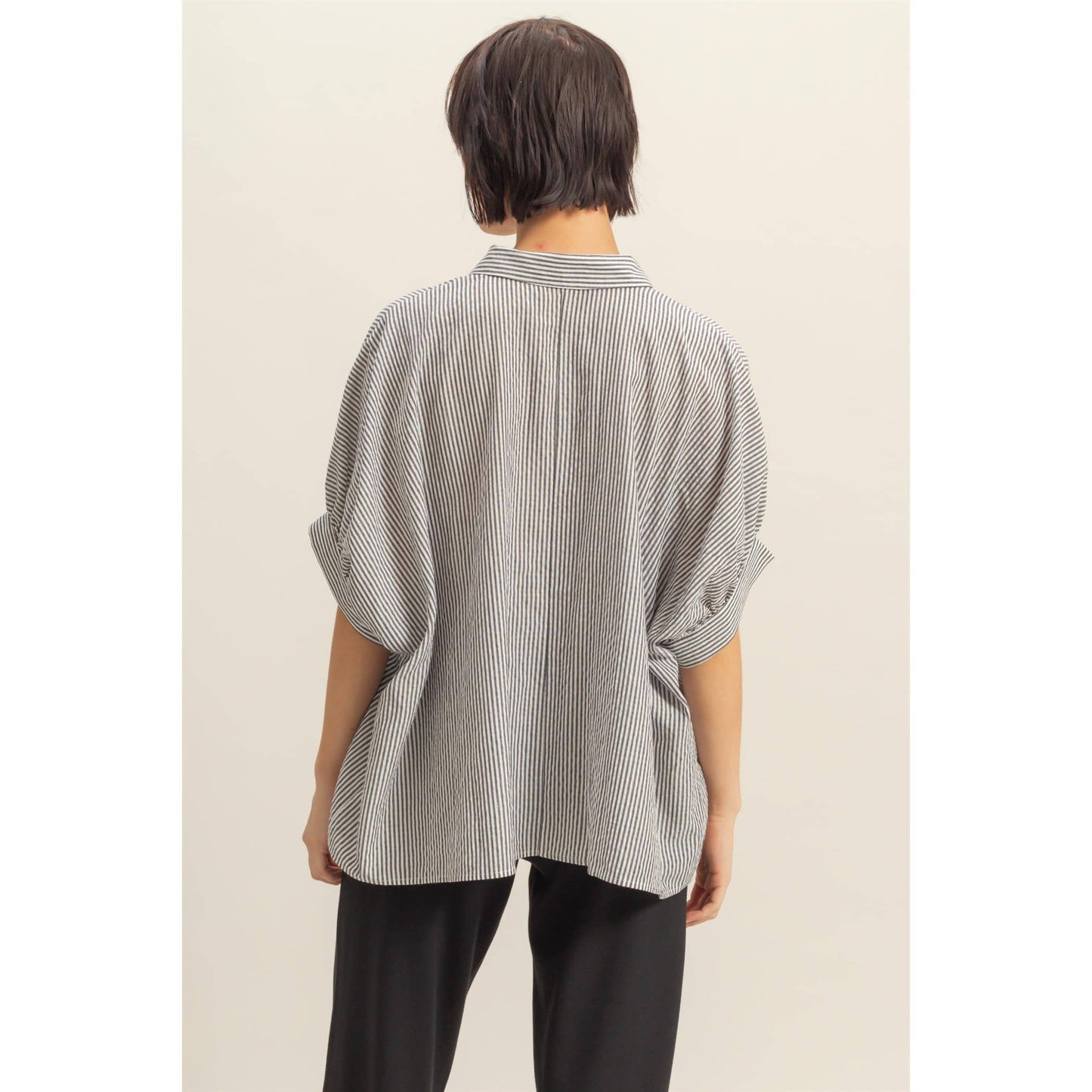 Blackjack Drop Shoulder Striped Button Down Shirt: BLACK/WHITE