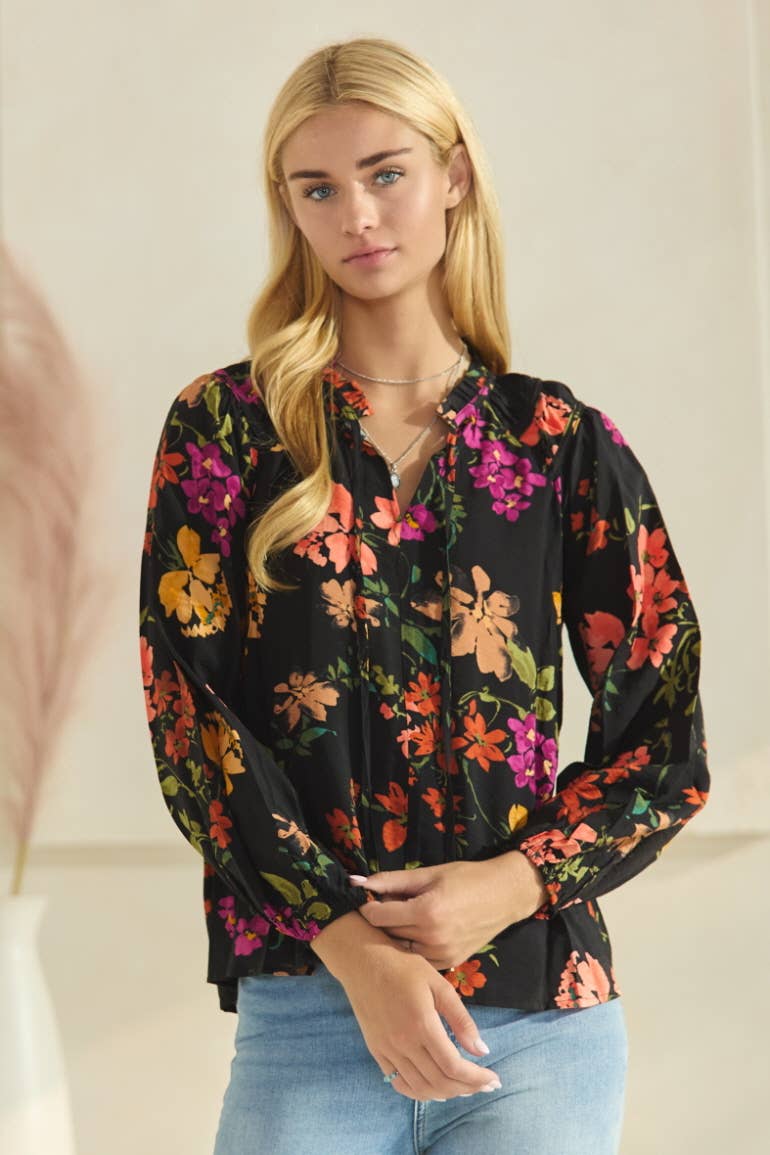 Floral Printed Long Sleeve Blouse: Black Multi