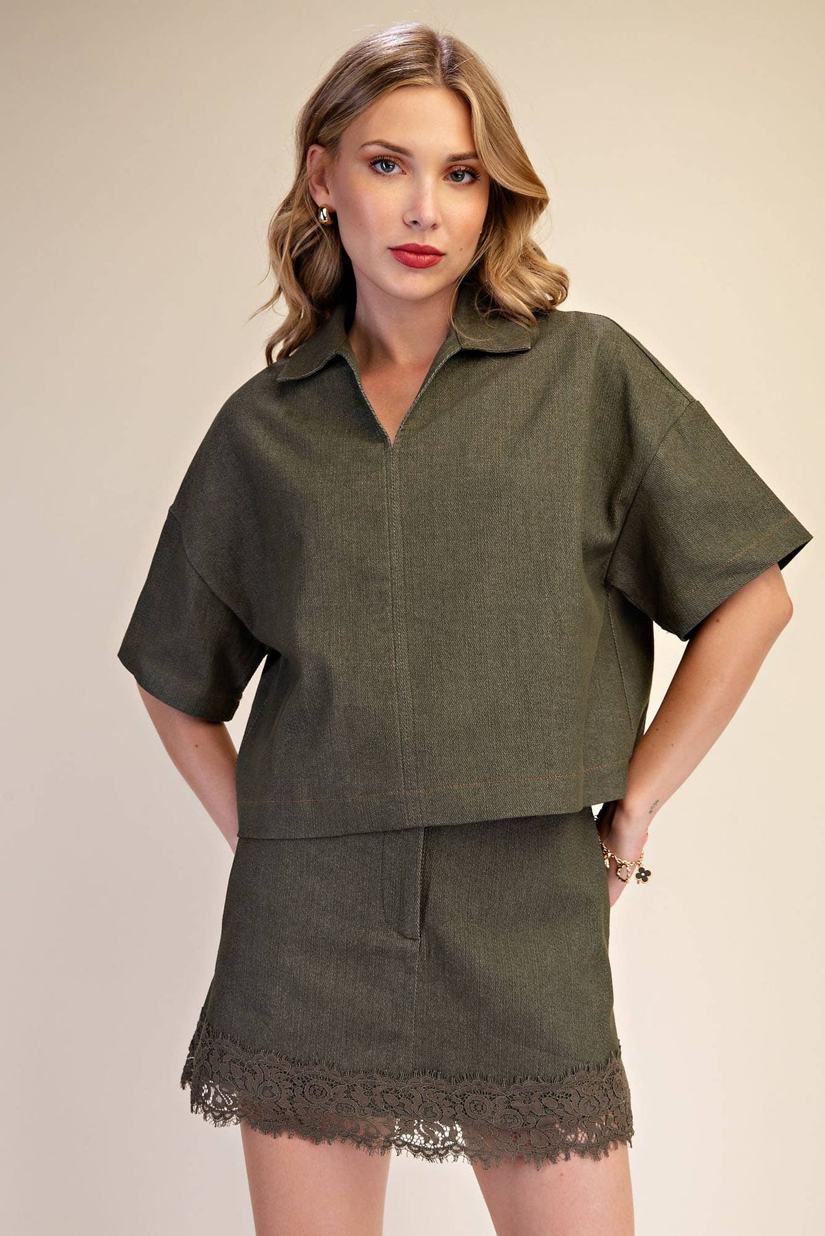 Delia Lace Denim Top: Olive