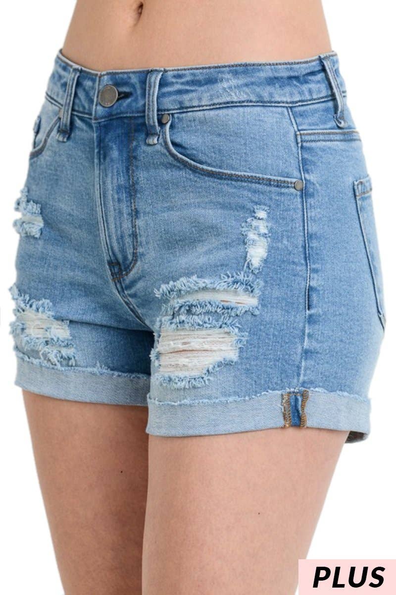 Plus Mid Rise Distressed Shorts