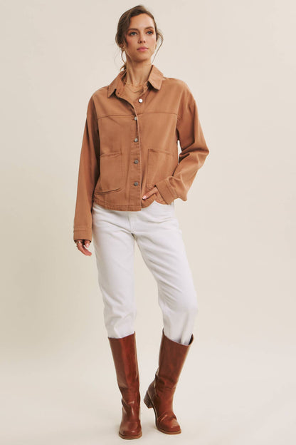 One of a Kind Washed Cotton Twill Utility Jacket: Camel