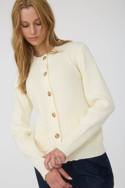 Hadley Round Neck Pocket Knit Cardigan: Cream