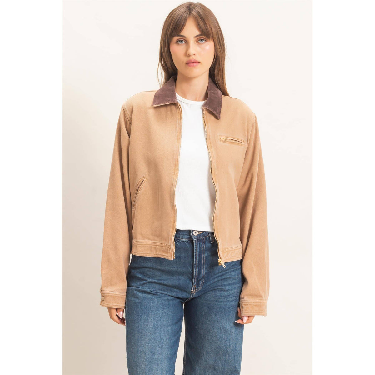 Twill Jacket With Corduroy Collar: DARK TAUPE