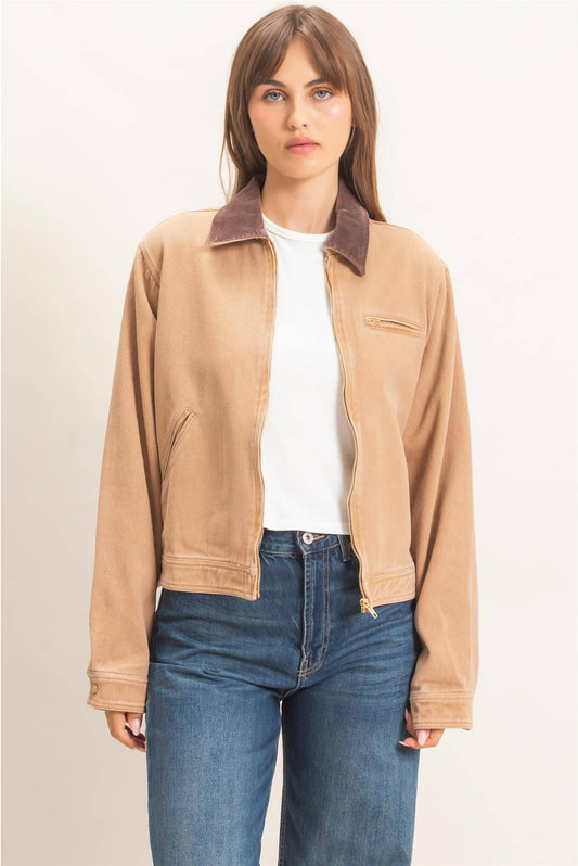 Hattie Corduroy Collar Zip-Front Twill Jacket: Dark Taupe