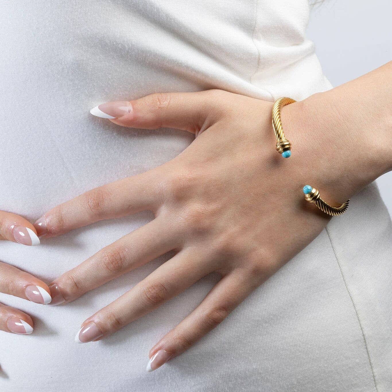 18K Gold PVD Stainless Turquoise Twisted Bangle Braclet: Gold