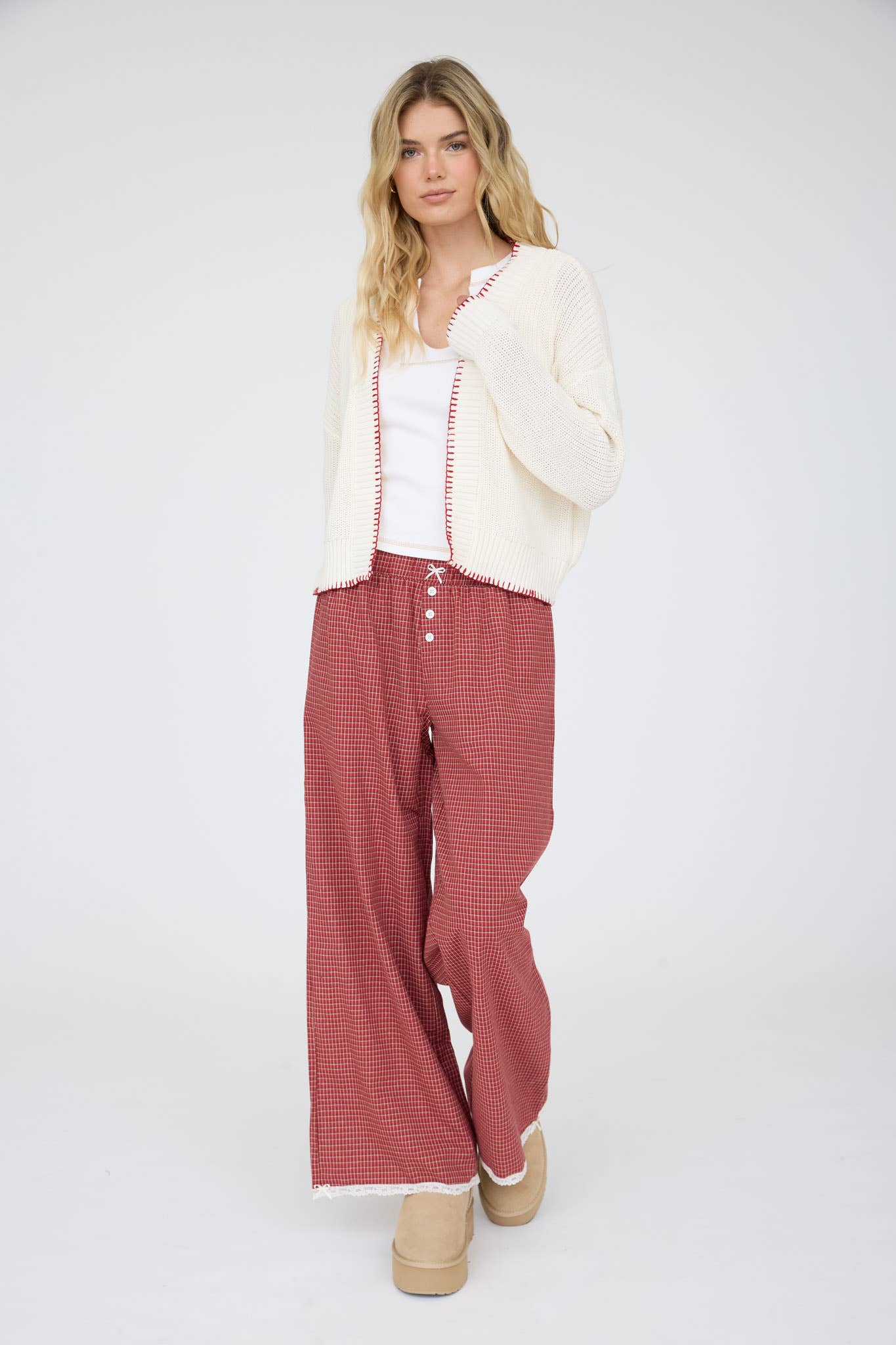 AMERICAN FLAG CONTRAST STITCH KNIT CARDIGAN: IVORY