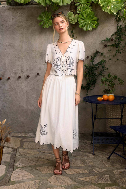 Sparrow Bird Embroidery Tie Top: Ivory