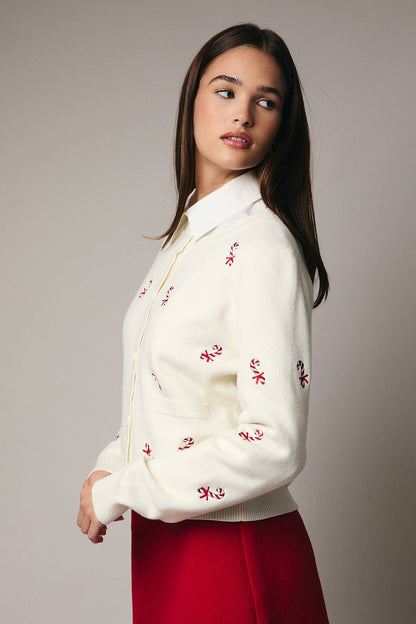 Embroidered Candy Cane Button Up Sweater Cardigan: CREAM