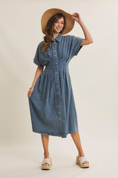 Caroline Stretchy Mineral-Washed Button-Down Pleated Denim Midi Dress: Light Wash