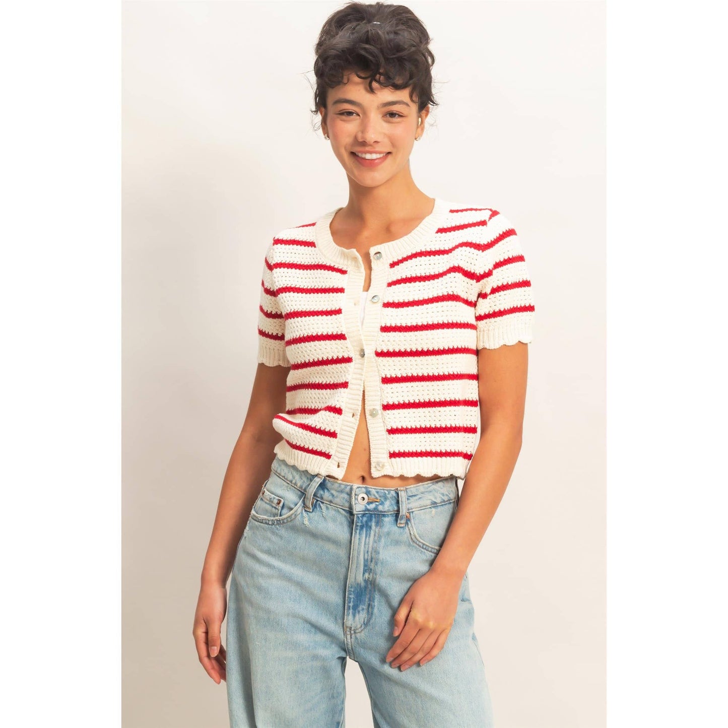 Newport Striped Short Sleeve Cardigan With Scallop Edge: RED