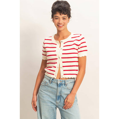 Newport Striped Short Sleeve Cardigan With Scallop Edge: RED