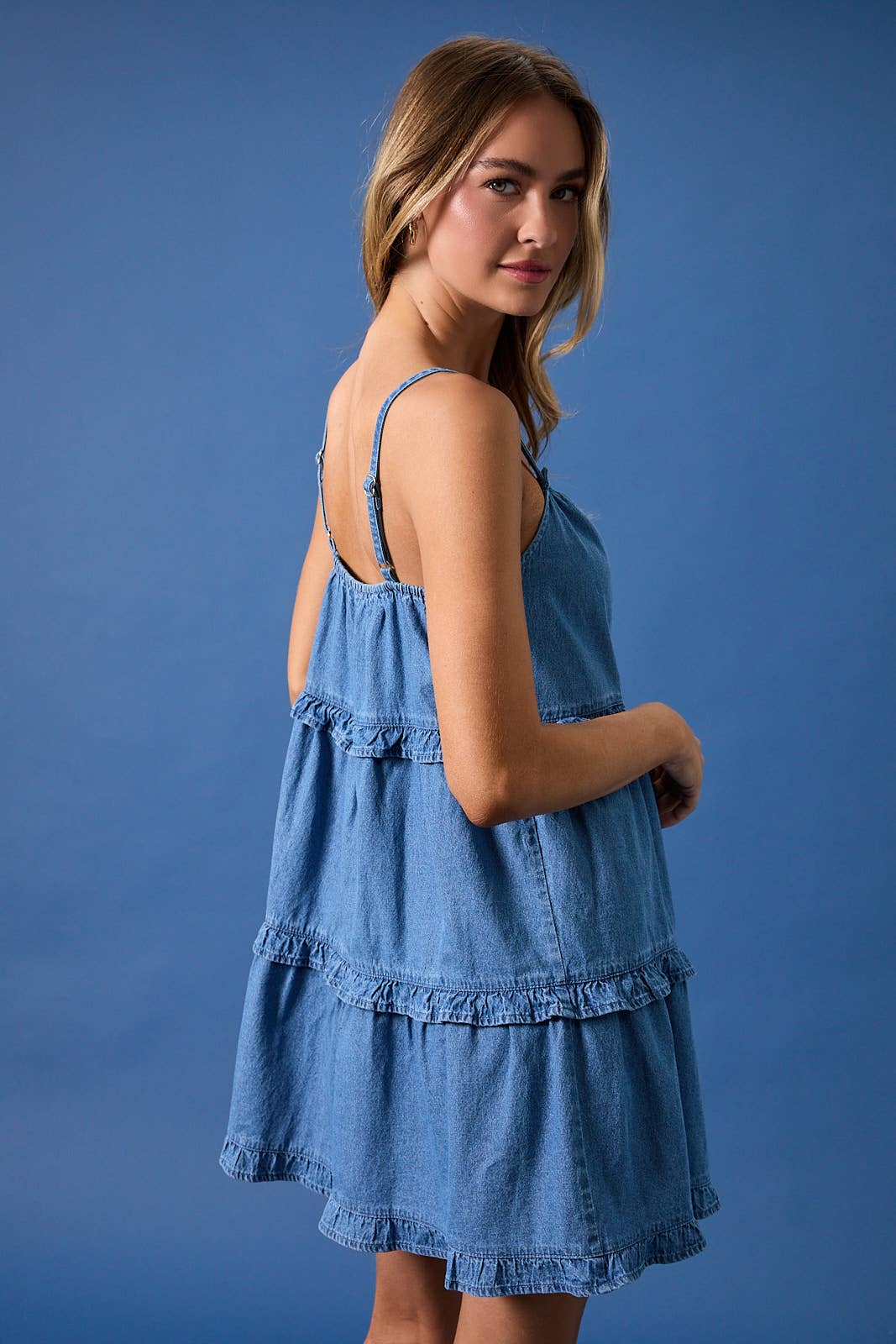 Baylor Sleeveless Ruffle Denim Mini Dress