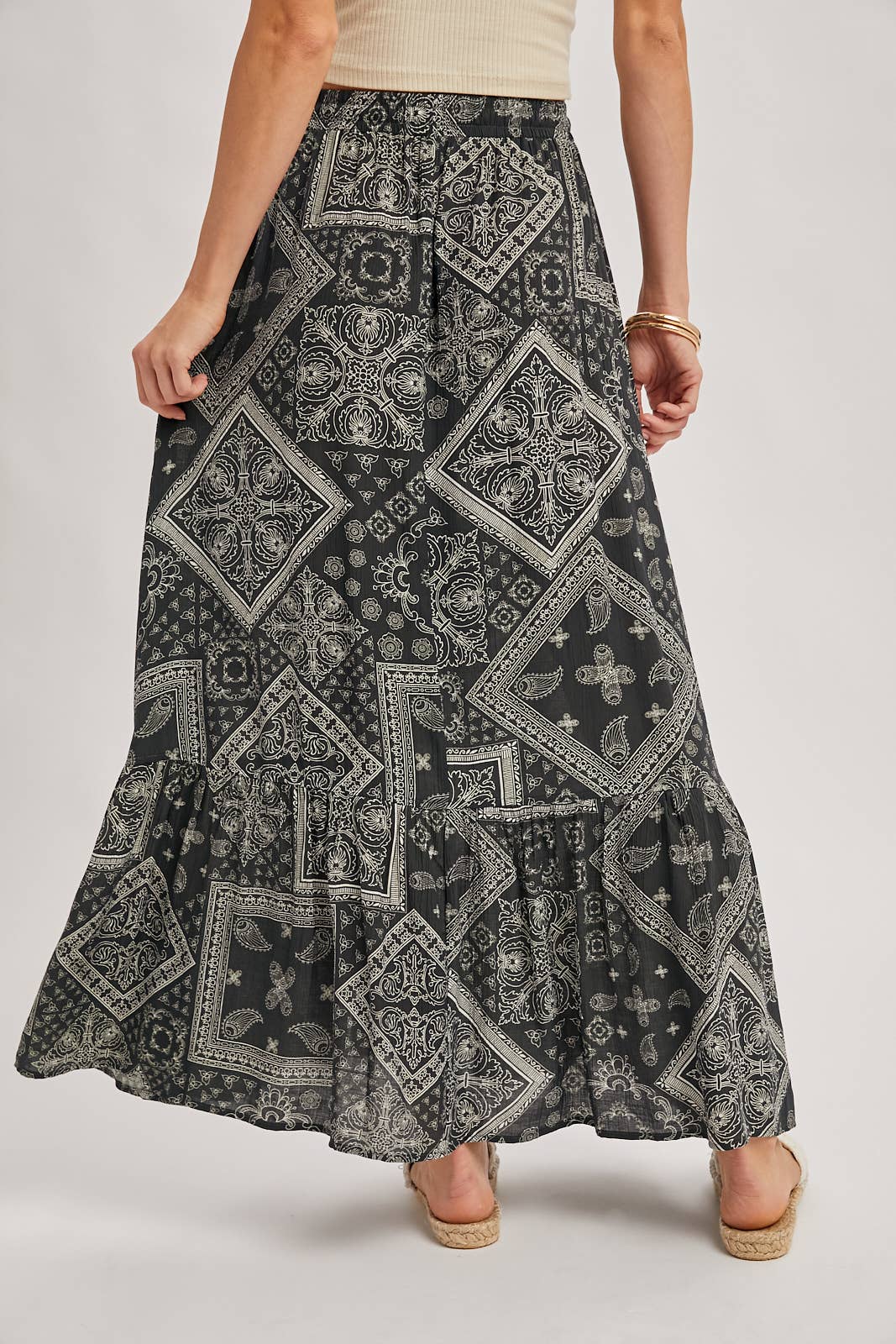 BOHO PRINT TIERED BUTTON DOWN FRONT MAXI SKIRT: ASH