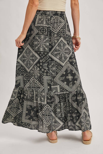 BOHO PRINT TIERED BUTTON DOWN FRONT MAXI SKIRT: ASH