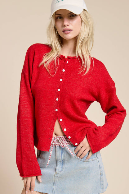 Essential Button Down Cardigan Top: Candy Apple Red