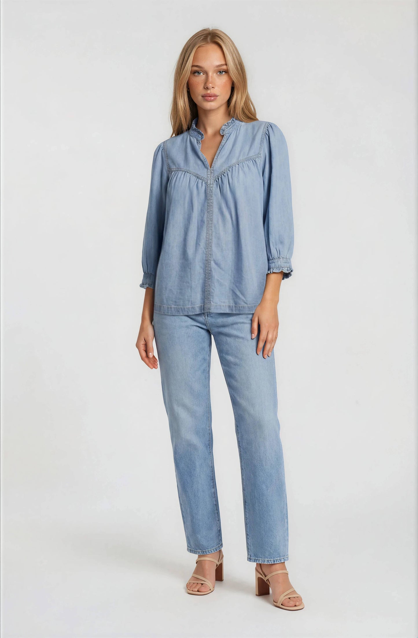 Dixie V-Neck Denim Top: Light Denim