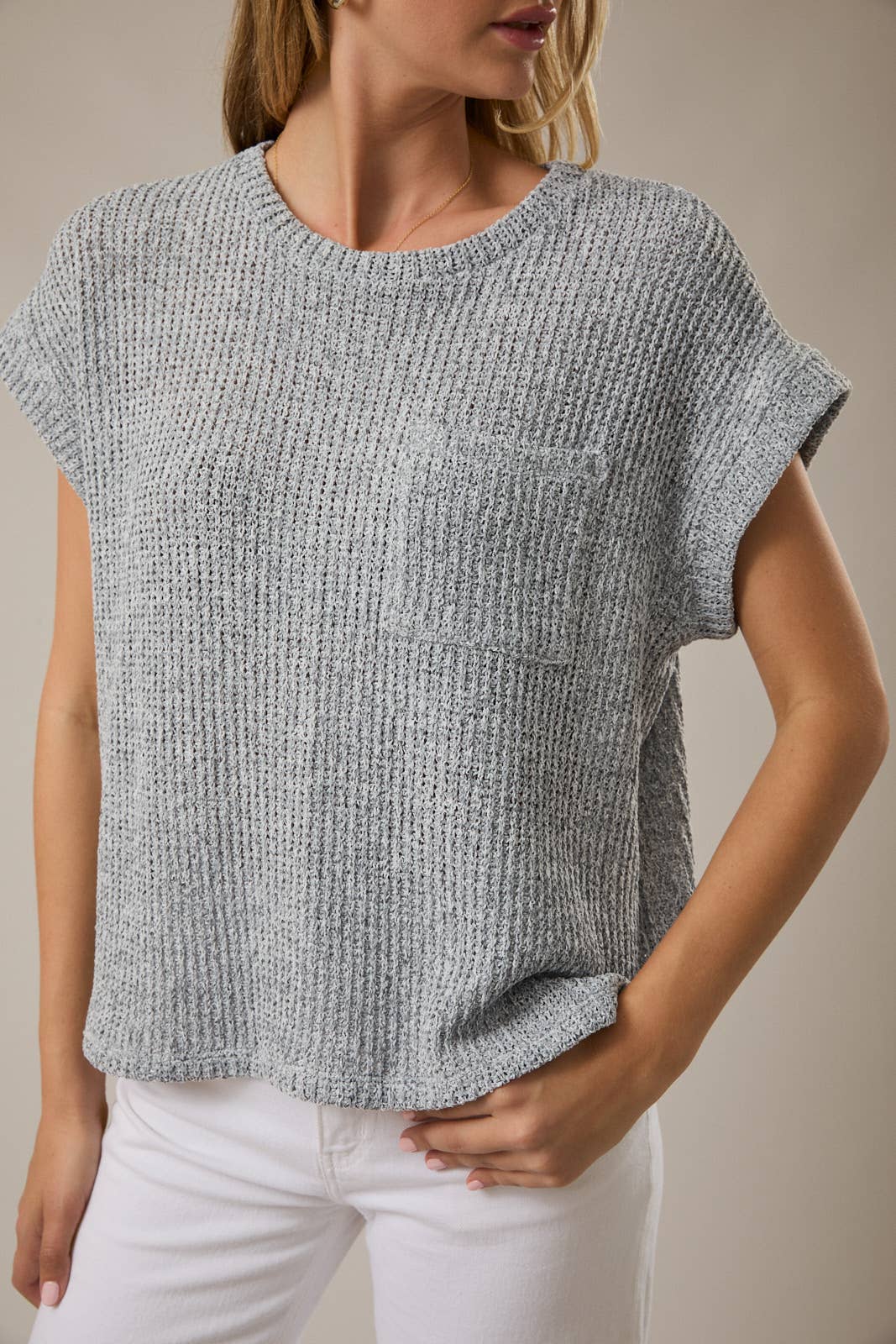 Carly Crew Neck Cuffed Short Sleeve Top with Pocket: Lt grey