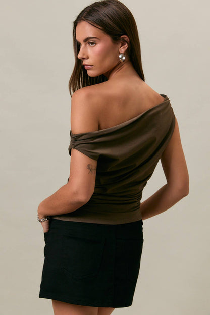 Worthington Off the Shoulder Top with Ruching: Chocolate