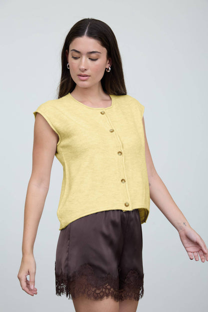 Veda Round Neck Short Sleeve Rolled Edge Knit Vest: Butter Yellow