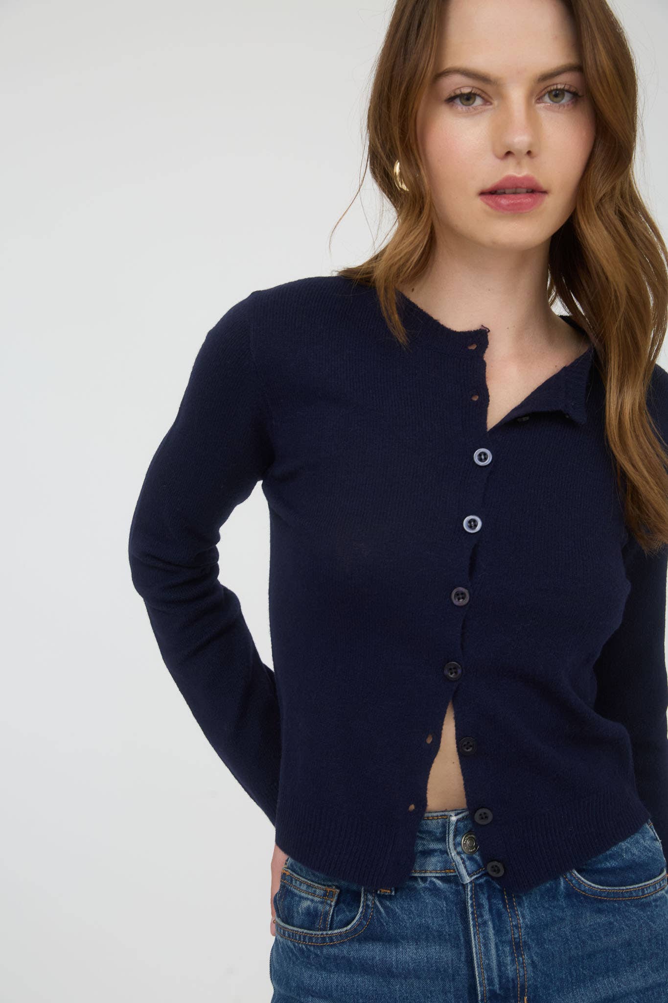 Cecilia Round Neck Button Down Long Sleeve Cardigan: Navy