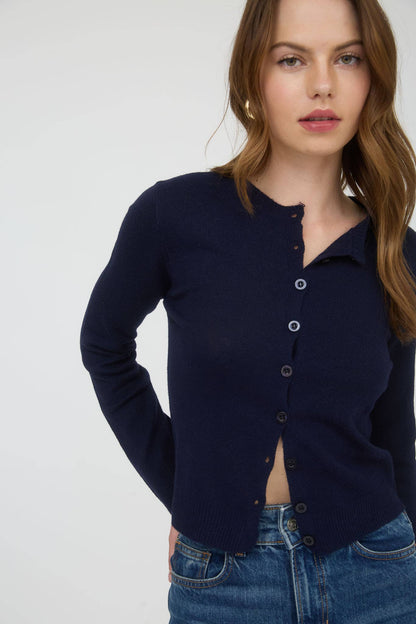 Cecilia Round Neck Button Down Long Sleeve Cardigan: Navy
