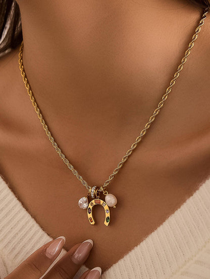 Western 18K Gold Non-Tarnish Horseshoe Charm Necklace: Multi-Colored