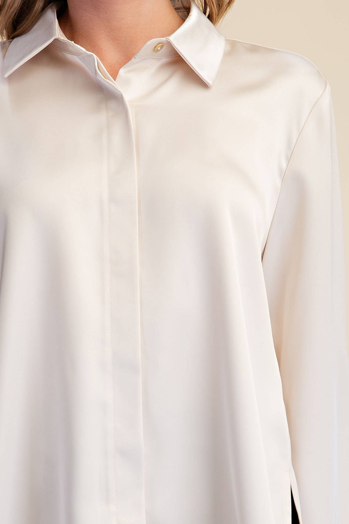 Cecily Collared Long Sleeve Lace-Trim Satin-Effect Blouse: Ivory