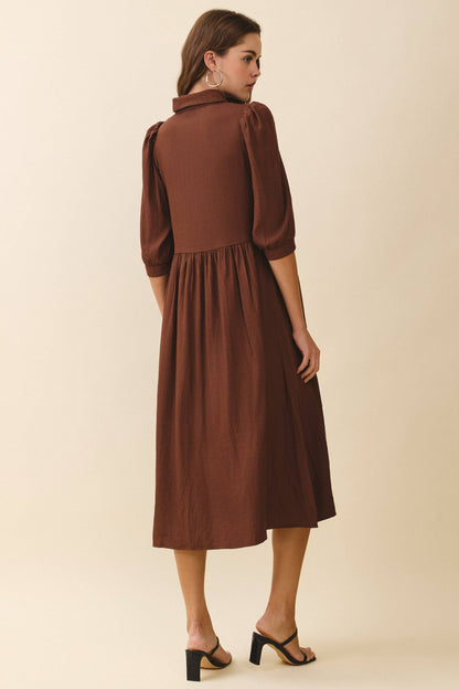 Pintuck Detail Collared Neck Button Down Mid Dress: Brown