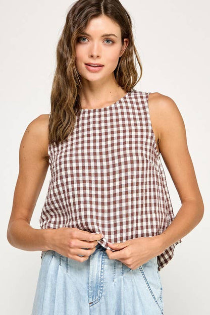 The Ginny Gingham Linen Tank: Mocha Brown