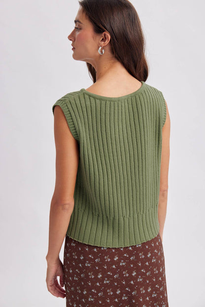 Laurel Sleeveless Crew Neck Ribbed Sweater Vest: Dusty Olive