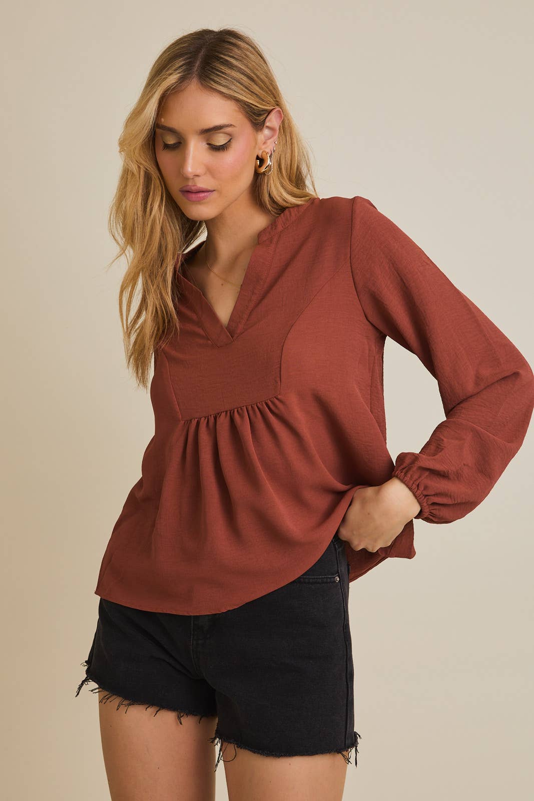 Odessa Long Sleeve V-Neck Top: Camel