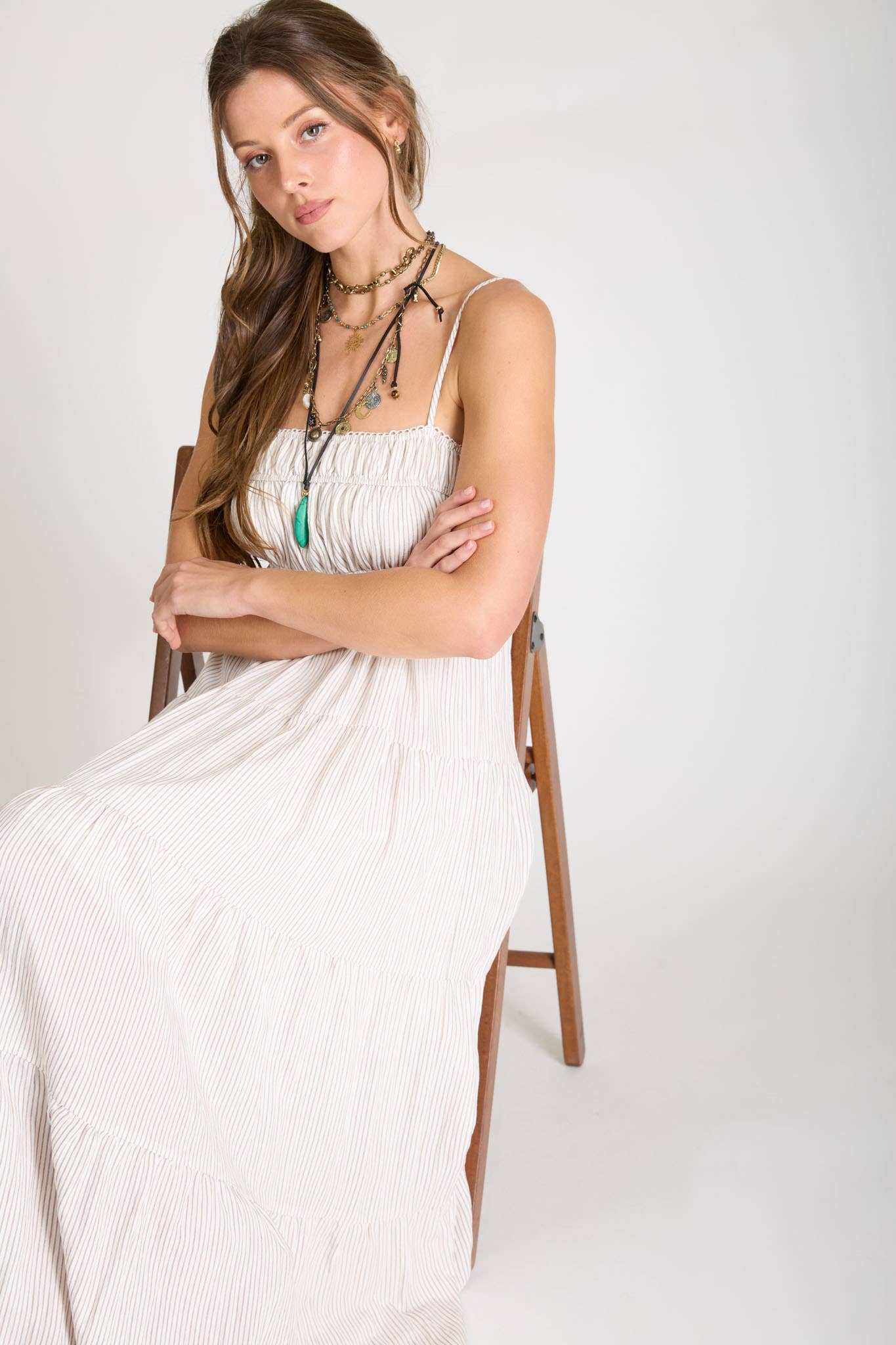 June Stripe Shirred Empire Waist Midi Dress: Mocha