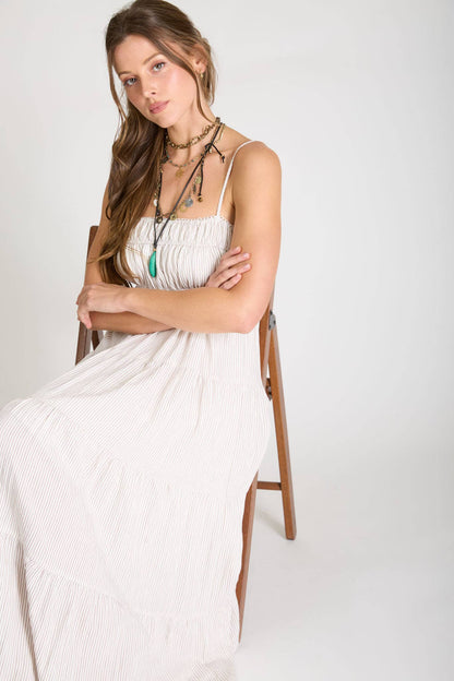 June Stripe Shirred Empire Waist Midi Dress: Mocha