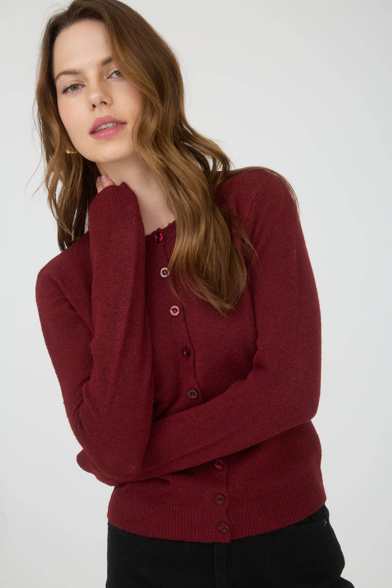 Ruby Round Neck Button Down Long Sleeve Cardigan: Burgundy